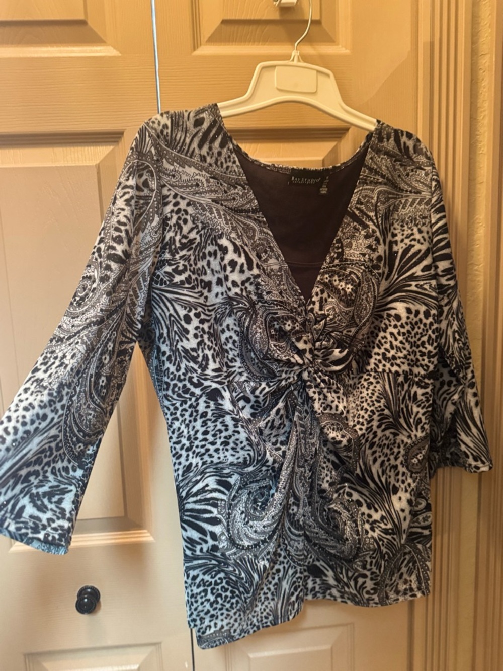 Bay Studio Black & White Twist-Front Paisley Animal Print Top